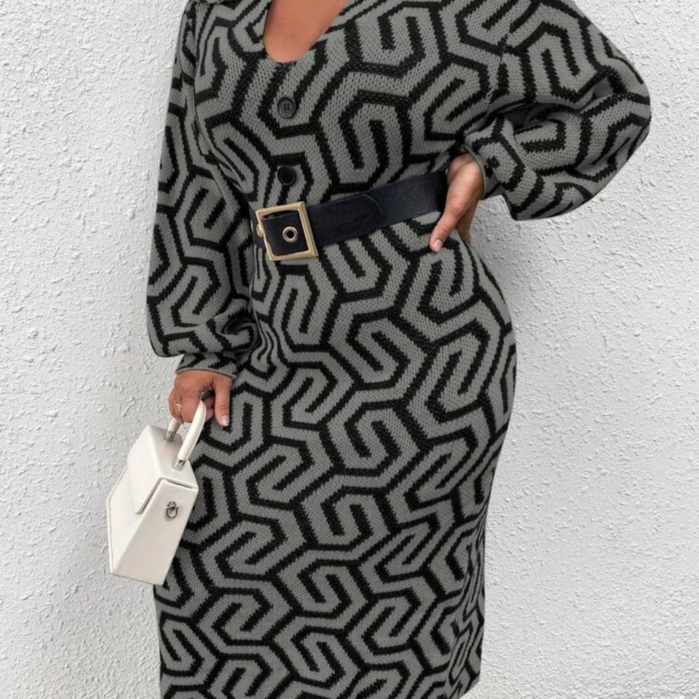 Geometric Patterned Black and Gray Dress